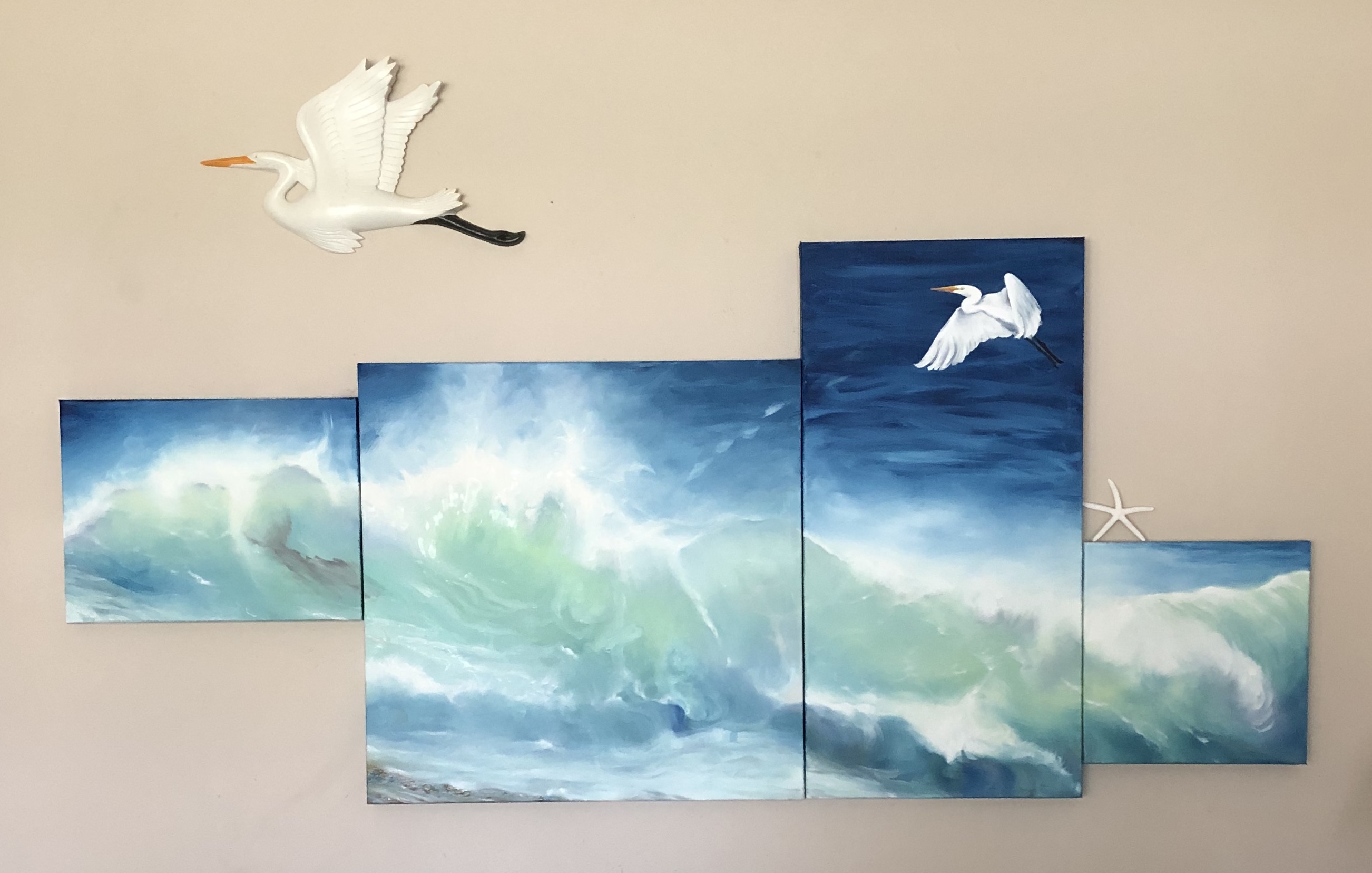 1000 Voices 8 - 30 in x 67 in, Oil on 4 canvases with composite of Great Egret by Lazanna Paskalidis $4500