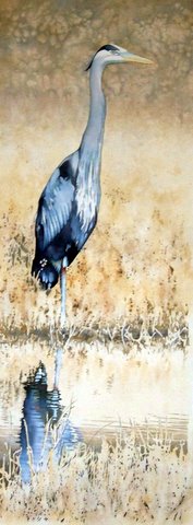 Great Blu Heron - 29 in x 11 in Watercolor [Sold] Signed & Numbered Reproductions available